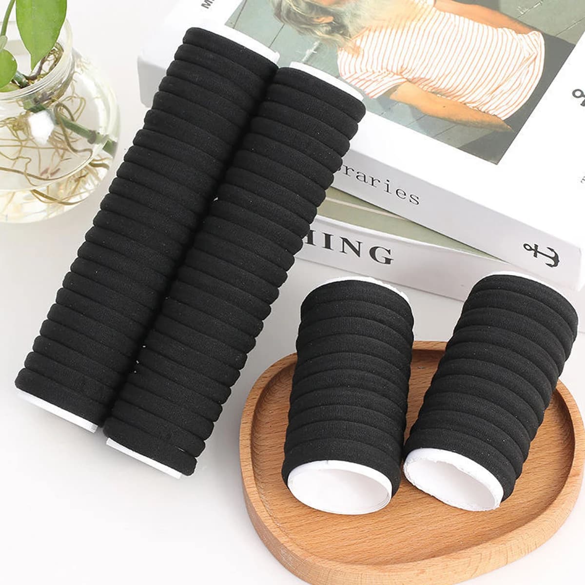 50/100 pièces d'élastiques à cheveux noirs et blancs, élastiques à cheveux pour femmes, élastiques à cheveux en caoutchouc à haute élasticité — 2/7